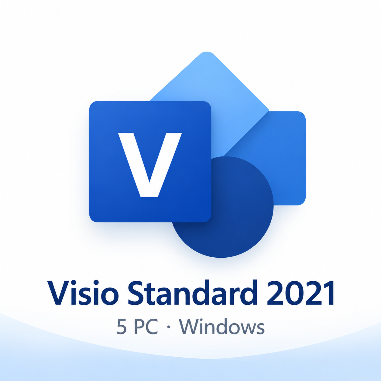 Microsoft Visio Standard 2021 5 PC for Windows shown with the Visio logo on a light blue background