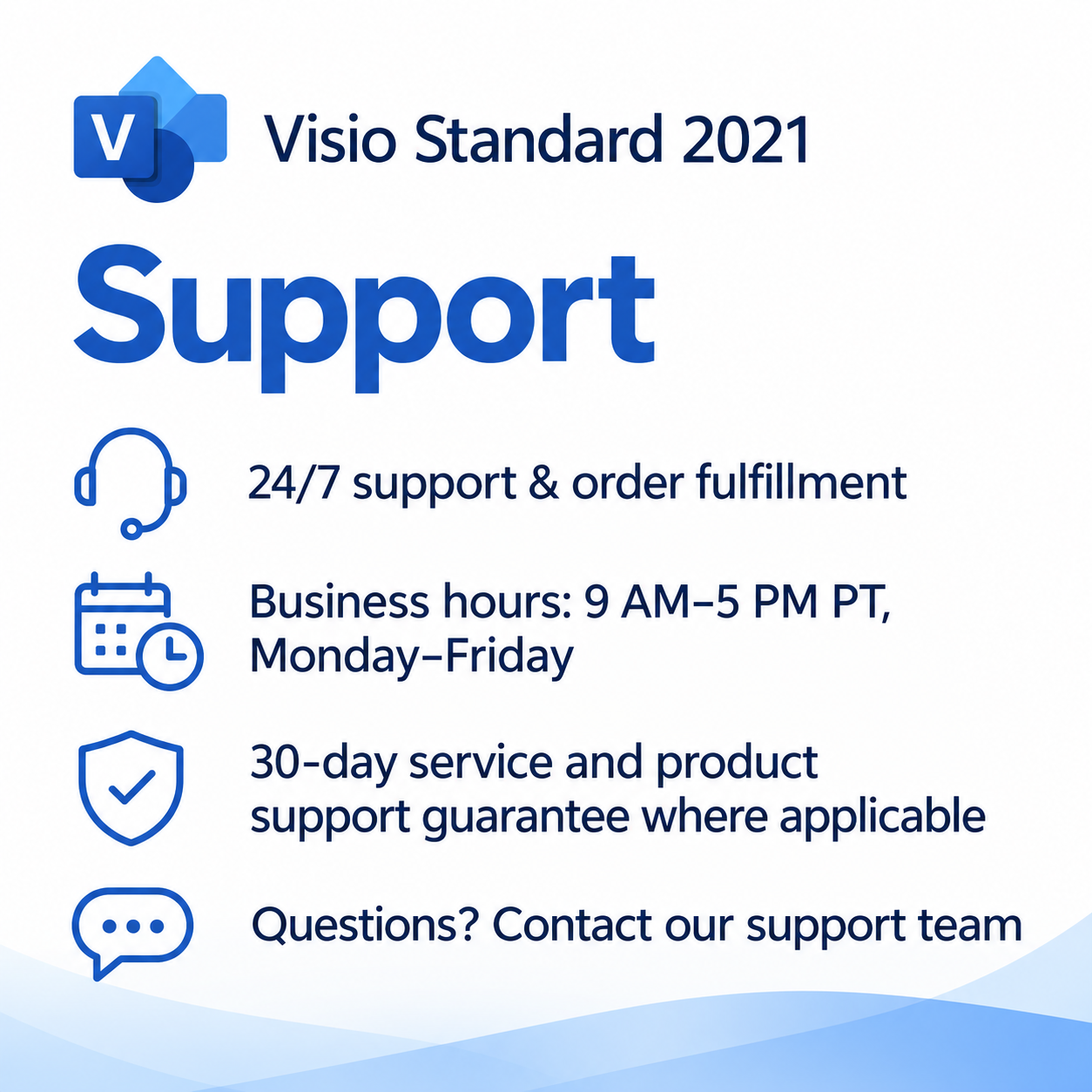 Support for Microsoft Visio Standard 2021 5 PC for Windows: 24/7 support and order fulfillment, business hours 9 AM to 5 PM PT Monday to Friday, and a 30-day service and product support guarantee where applicable