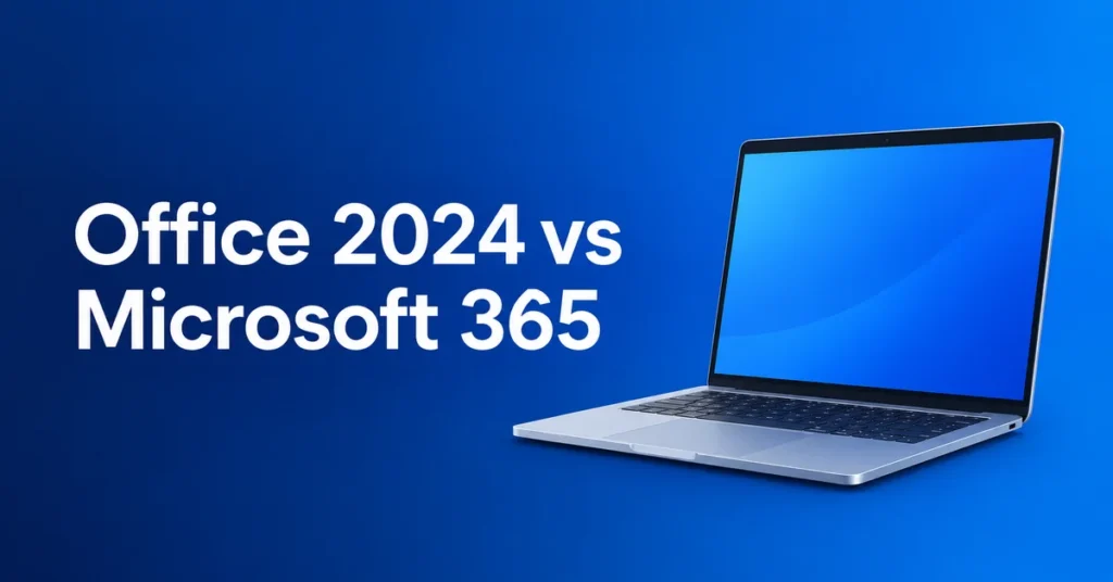 Office 2024 vs Microsoft 365 featured image: flat laptop illustration on a navy-to-blue gradient