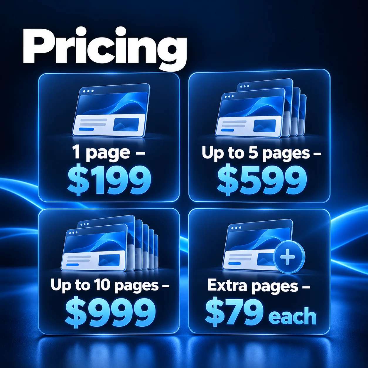 Website Build pricing – 1 page $199, up to 5 pages $599, up to 10 pages $999, extra pages $79 each
