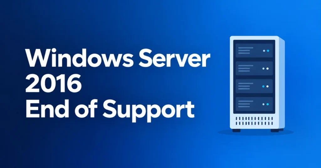 Windows Server 2016 End of Support featured image: flat server illustration on a navy-to-blue gradient